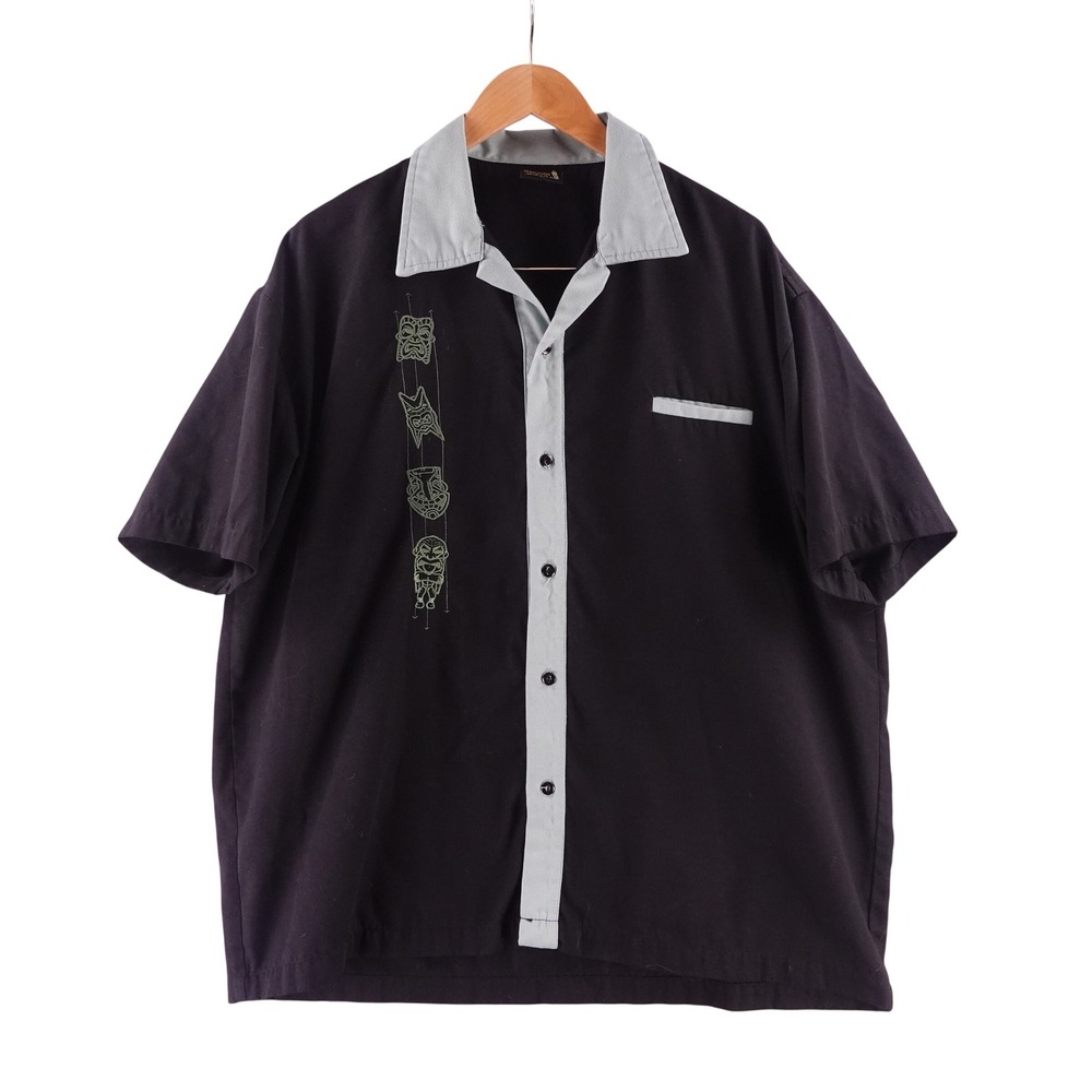Steady Last Call Men 2X Black Tiki Mask Bowling Shirt Grey Trim Retro Rockabilly